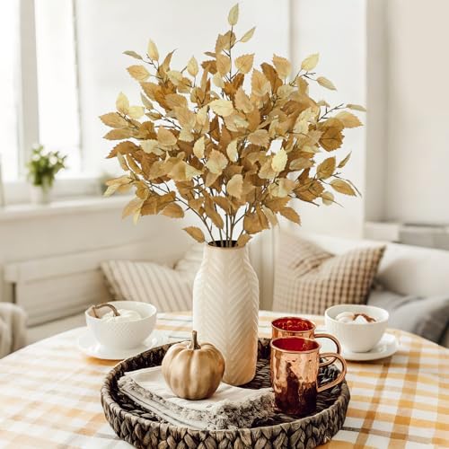 Artificial Fall Birch Leaves Stem - Light Brown 6 Pcs Faux Autumn Greenery, 33.4" Tall for Thanksgiving & Wedding Decor