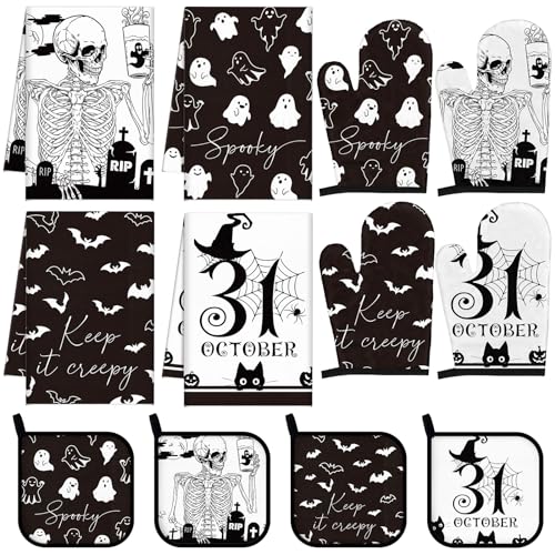 Pickmesh Skeleton Halloween Oven Mitts & Kitchen Towels Set - Spooky Kitchen Decor