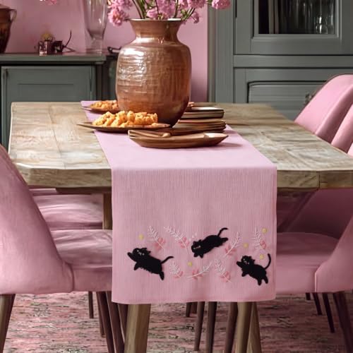 Pink Embroidered Black Cat Table Runner - Kitchen Decor, 13x72 Inches