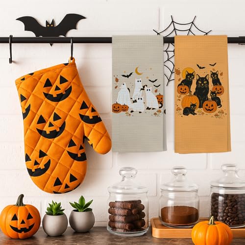 Halloween Black Cat Kitchen Towels - Fall Decor Hand Towels Set of 2