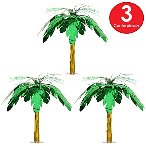 Tropical Palm Tree Cascade Centerpieces - 3 Pack, Metallic Green & Gold Table Decorations for Summer & Luau Parties