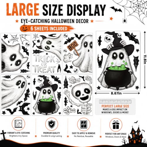 Halloween Window Clings Stickers - Ghosts Skeleton Bats Spider Webs - Black & White - 6 Sheets