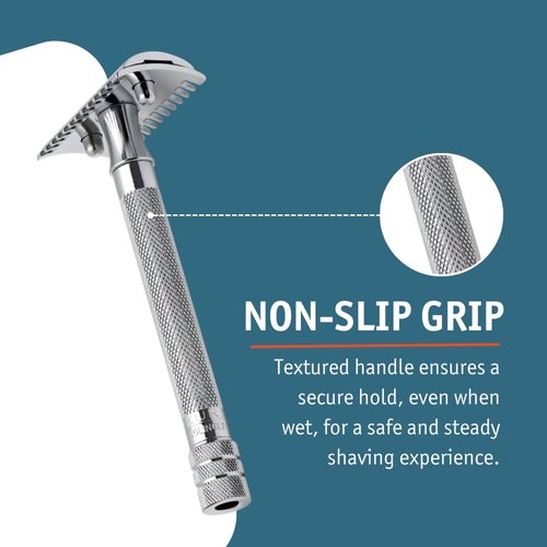 MERKUR 25C Double Edge Safety Razor in Bright Chrome with an Open Comb Design, Long Handle, Made in Germany, Plastic-Free, Three-Piece Design, and Straight Bar