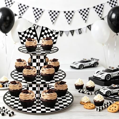 Race-Themed 2 Pack 3-Tier Cupcake Stand Checkered Flag Cardboard Tower Holder - Purple