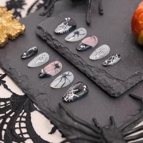 Halloween Press On Nails Short Almond Spider Web Fake Nails Set - Pattern 06
