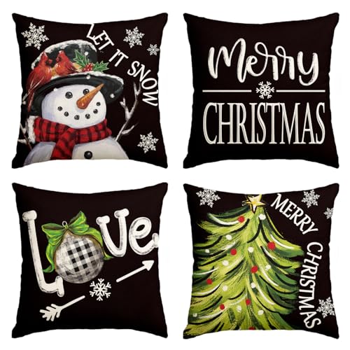 Black 20x20 Inch Christmas Throw Pillow Covers Set of 4 - Snowman Love Holiday Decor
