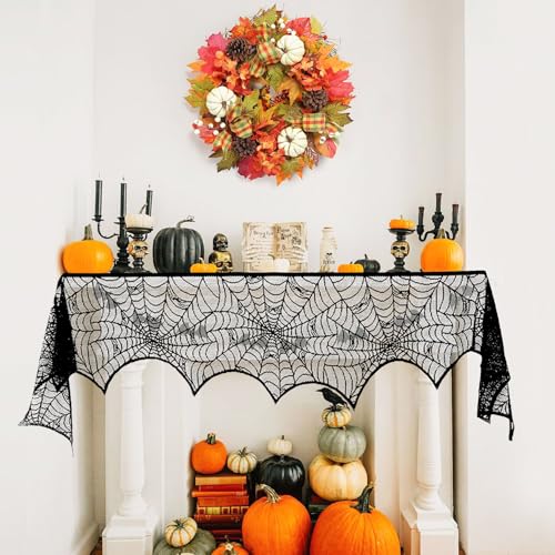 Halloween Fireplace Decorations 18 x 96 Inch Spiderweb Mantle Scarf Black Lace