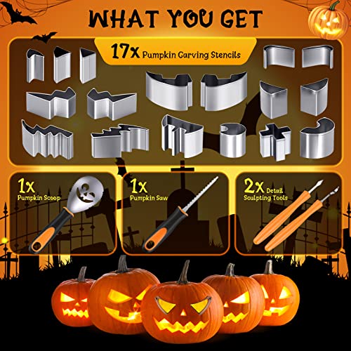 Halloween Pumpkin Carving Kit - Silver and Orange 21 pcs Safe & Easy Tools with Stencils for Jack-O-Lanterns