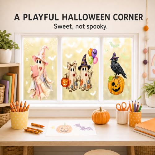 Halloween Window Clings - Cute Ghosts & Pumpkins Static Decal Set - Autumn Ghost Trio Variation