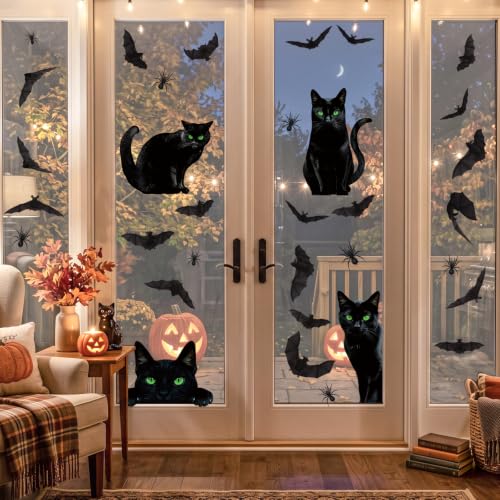Halloween Window Clings - Large Black Cat, Bat & Spider Silhouette Decals