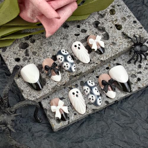 Halloween Ghost Nails - 30Pcs Medium French Tip Fake Nails with 3D Bow - Variation of THIS listing