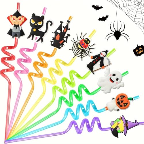Halloween Reusable Drinking Straws Set - 24pcs Pumpkin Skull Ghost Vampire Designs
