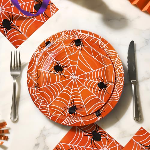 Halloween Party Decor Paper Plates & Napkins Set - Orange Spider Web Design for 25 Guests