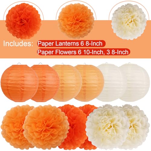 Orange Birthday Party Decorations Set with Paper Lanterns & Pom Poms - 15 pcs, Includes Tissue Flowers & Hanging Line