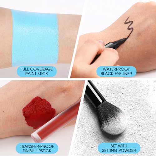 Halloween Face & Body Paint Kit - Light Blue Stick, Lipstick, Liner, Lashes, Powder & Sponges – Variation: Light Blue Painting Stick Set