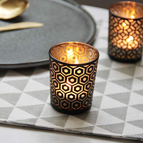 Black Gold Glass Candle Holders Set of 12 with Geometric Patterns - Ramadan Decor