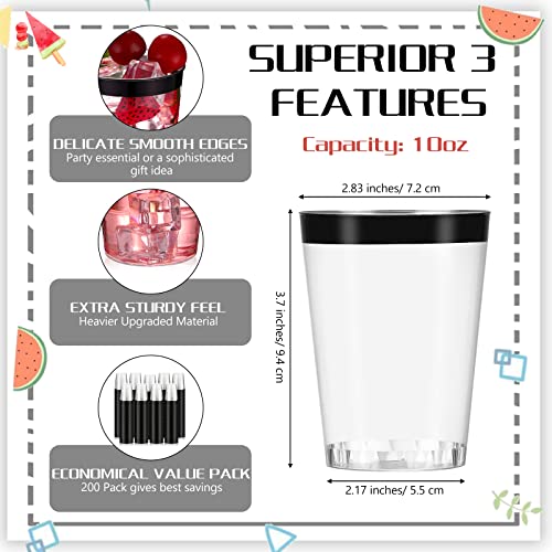 10oz Black Rimmed Disposable Plastic Cups - Elegant Party Tumblers, 200 Pack