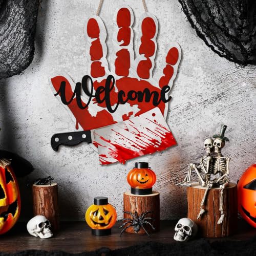 Halloween Bloody Handprint Welcome Sign for Front Door Horror Knife Decor