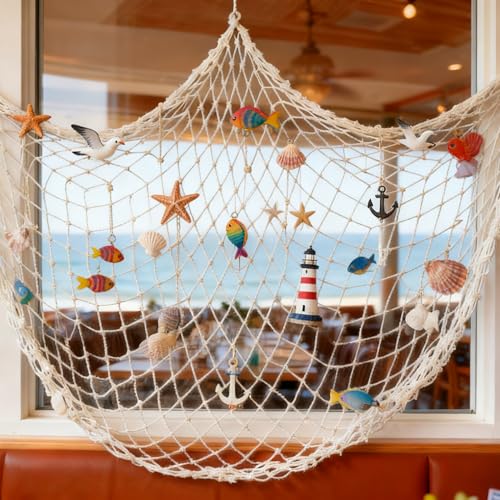 Nautical Fish Net Decorations - 6 Pack 80x40 Inch Cotton Sea Party Backdrop