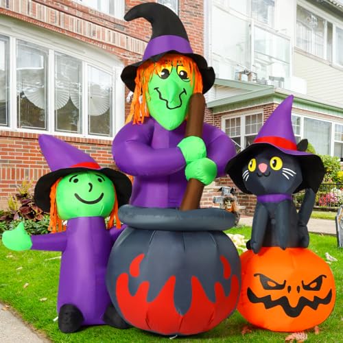 Halloween Inflatable Witch and Cauldron Decor - 6 FT Outdoor Yard Ornament with Built-in LEDs
