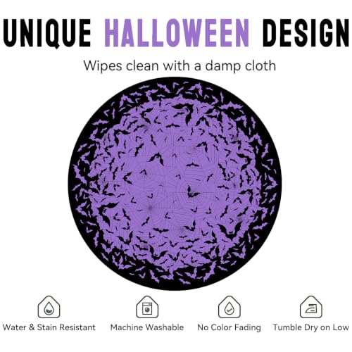Halloween Bat & Spiderweb Round Tablecloth 60 Inch - Purple, Machine Washable & Stain Resistant - Variation: Bat/Halloween-60"