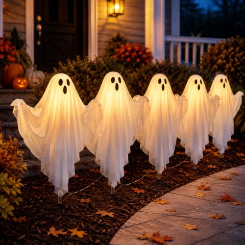 Halloween Lighted Ghost Stake Set - 5 Pack Outdoor Yard Decor with Remote & Timer