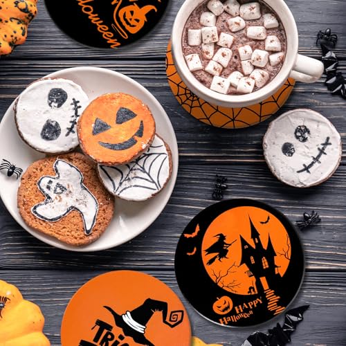 Halloween Ceramic Coasters Set - Orange and Black Trick or Treat Drink Mats for Table Protection