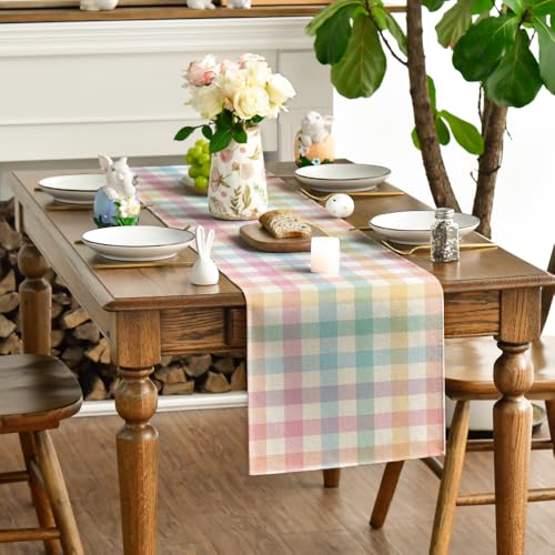 Colorful Buffalo Plaid Table Runner 13x48 Inch - Blue Pink Yellow Variation