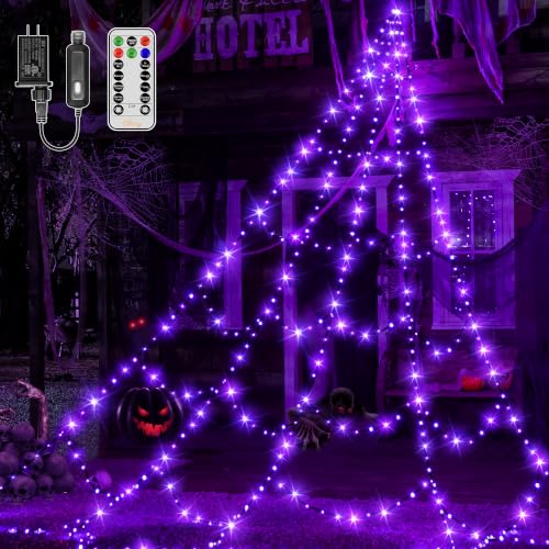 Halloween Spider Web Lights Outdoor Purple 266 LEDs 9.8FT with Remote Control - Waterproof Decor