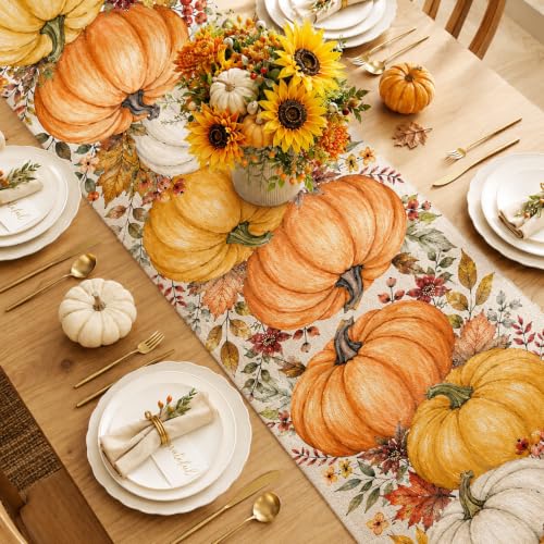 Fall Pumpkin Table Runner - 13x72 Inches for Farmhouse Kitchen Decor - Variation of Fall Big Pumpkin