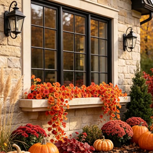 Fall Flower Garland - Artificial Autumn Vine with Orange Red Blooms 6 Pack