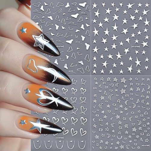 Silver Nail Art Stickers - 12 Sheets 3D Self-Adhesive Manicure Decals Style25