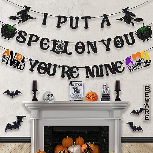 Halloween Banner Decor - I Put A Spell On You & Now You Are Mine Garland, Witch & Bat Halloween Decorations