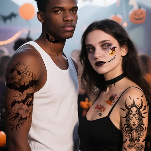Halloween Temporary Tattoos Set - 77 Pieces with Half Sleeve and Small Designs - Kids & Adults - Halloween Tattoos