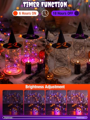 Halloween Fairy Lights 2 Pack - Battery & USB Powered, Timer, Dimmable, Orange Purple