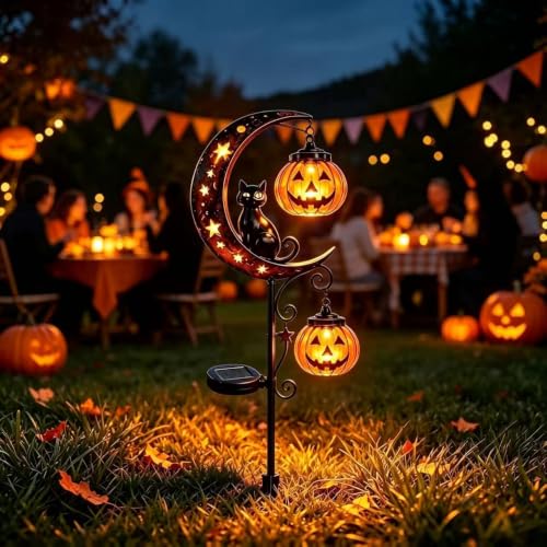 Halloween Solar Cat Garden Stake Light with Pumpkin Moon - Outdoor Yard Decor B