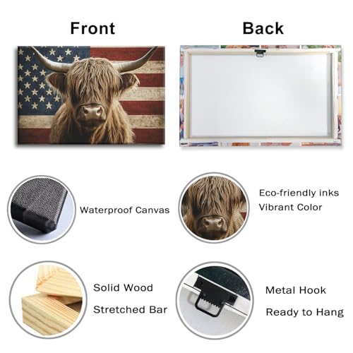 Highland Cow Wall Art American Flag Barn Decor Canvas Print - 18 x 12 Inches - Farmhouse Rustic Artwork for Living Room Bedroom Kitchen