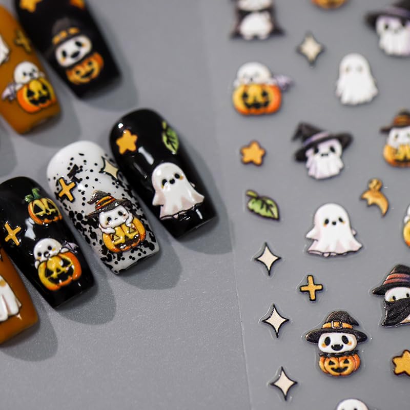 Halloween Ghost Nail Stickers - Self-Adhesive 5D Embossed Nail Art Decals - Ghost Variation