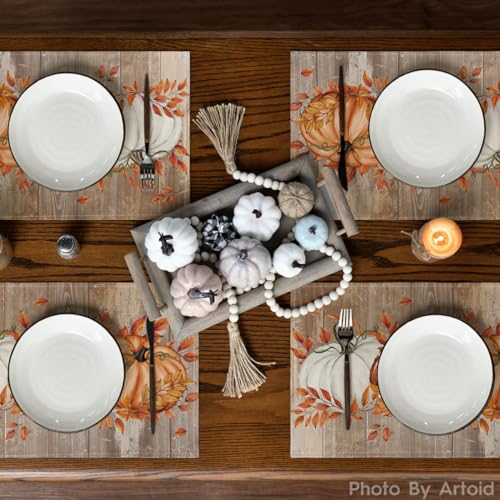 Rectangular Fall Leaves & Pumpkins Placemats Set of 4 - 12x18 Inch, Wood Style