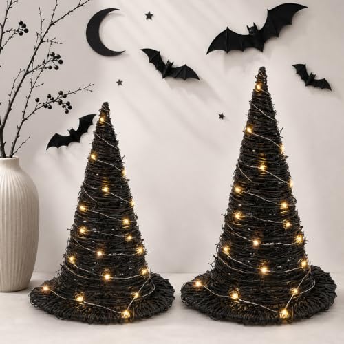 2Pcs Halloween Rattan Witch Hat Decor with String Lights - Indoor Outdoor Party Table Centerpieces