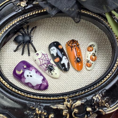 Halloween Press On Nails - Medium Almond Shape Ghost Pumpkin Spider Web Design - Variation of Fake Nails-21