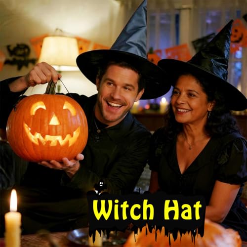 15 Pcs Halloween Black Witch Hats Set with Hanging Rope - Decorative Costume Accessories