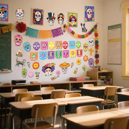 Day of the Dead Decorations Set with Sugar Skulls & Banner for Mexican Celebrations