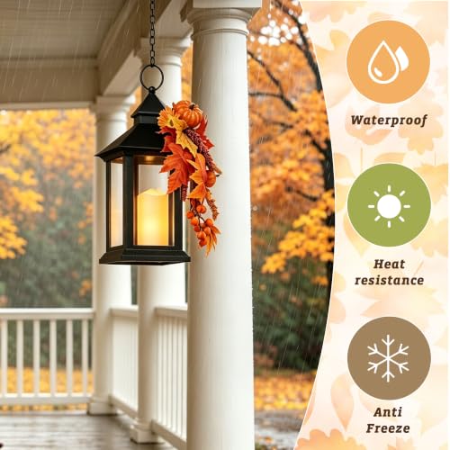 Fall Lanterns Decorative Indoor & Outdoor 14-Inch Black Set with Flameless Candles - 2 Pack