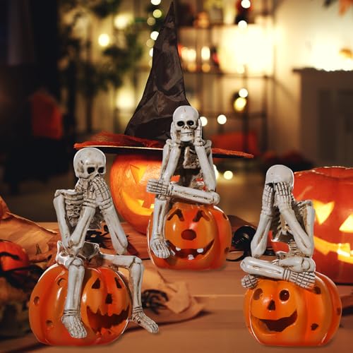 Halloween Skeleton Statue Set - See No Evil, Hear No Evil, Speak No Evil Sitting on Pumpkin