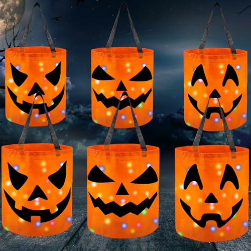 6 Pack LED Light Up Halloween Candy Buckets with Pumpkin Design