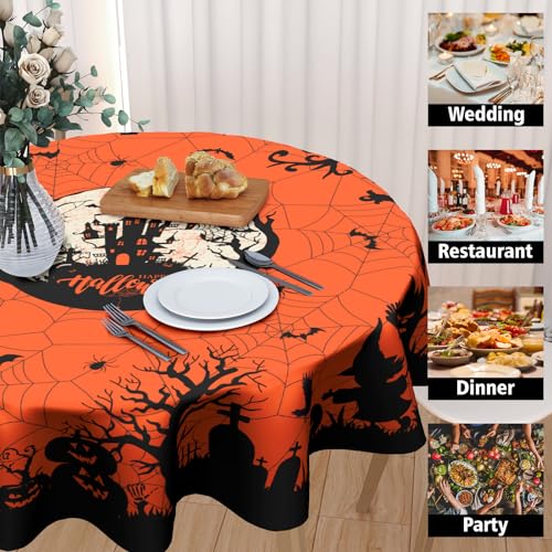 Happy Halloween 60-Inch Round Tablecloth - Pumpkin Spiders Ghosts Washable Polyester