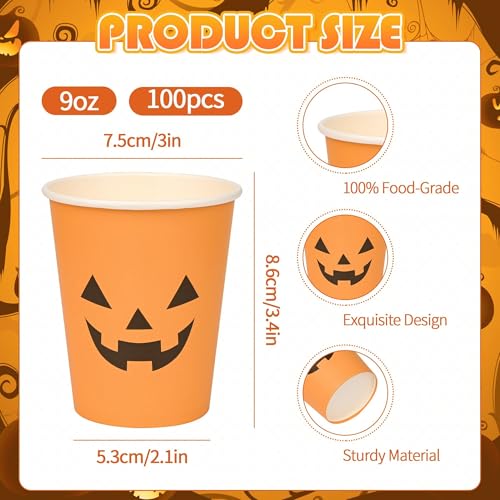 Halloween Pumpkin Cups 100Pcs - Jack O Lantern Disposable 9oz Party Drinkware