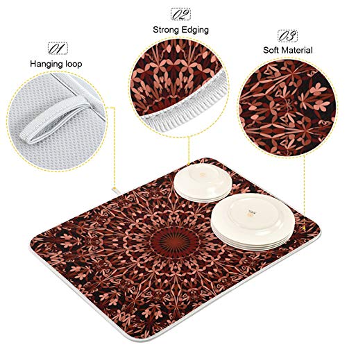 Super Absorbent Microfiber Dish Drying Mat 24x18 Inches - Boho Mandala Maroon Variation