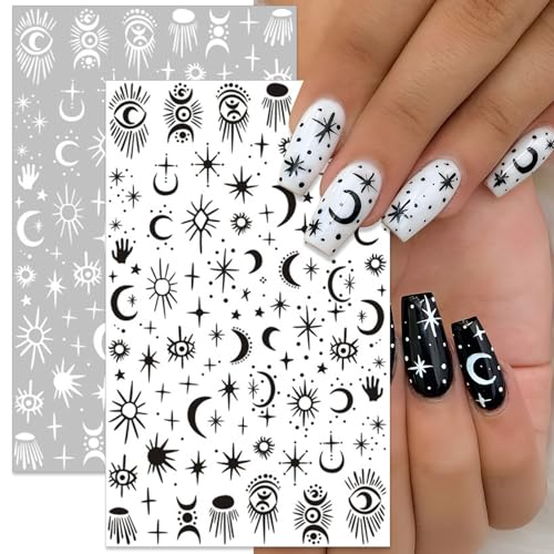 Gothic Nail Art Stickers - Black & White Moon Star Snake Fire Self-Adhesive 3D Decals - Halloween Punk Manicure - Variation of Gothic Snake